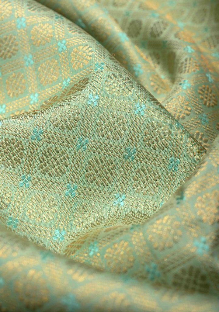 Tea Green Pure Kanjivaram Silk Saree With patola brocade and Red Contrast | SILK MARK CERTIFIED