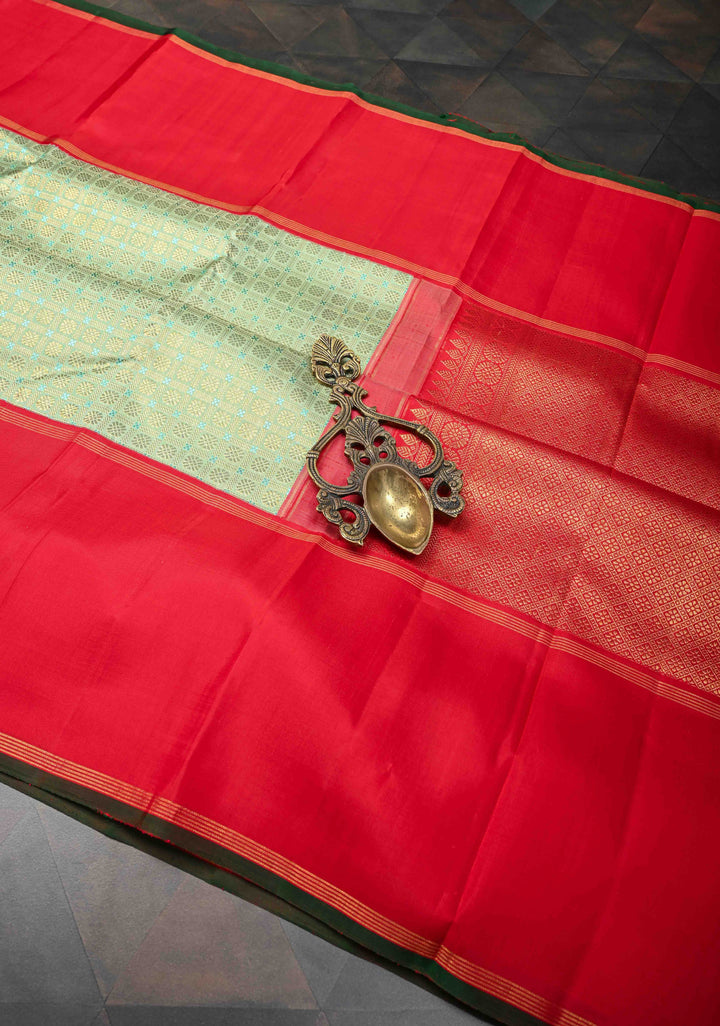 Tea Green Pure Kanjivaram Silk Saree With patola brocade and Red Contrast | SILK MARK CERTIFIED