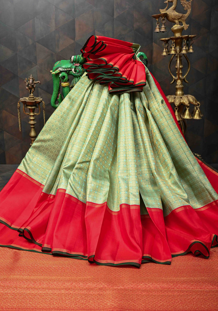 Tea Green Pure Kanjivaram Silk Saree With patola brocade and Red Contrast | SILK MARK CERTIFIED