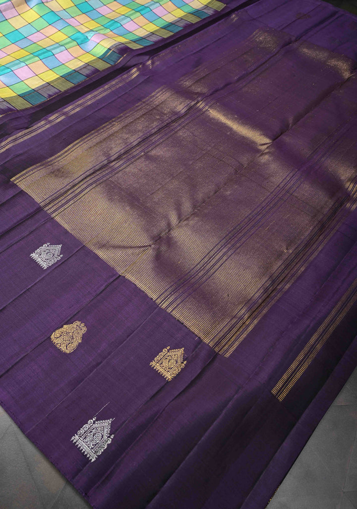 Multicolor Checks Pattern Kanjivaram Silk Saree With Distinct Sona Rupa Motifs on Contrast Border | SILK MARK CERTIFIED