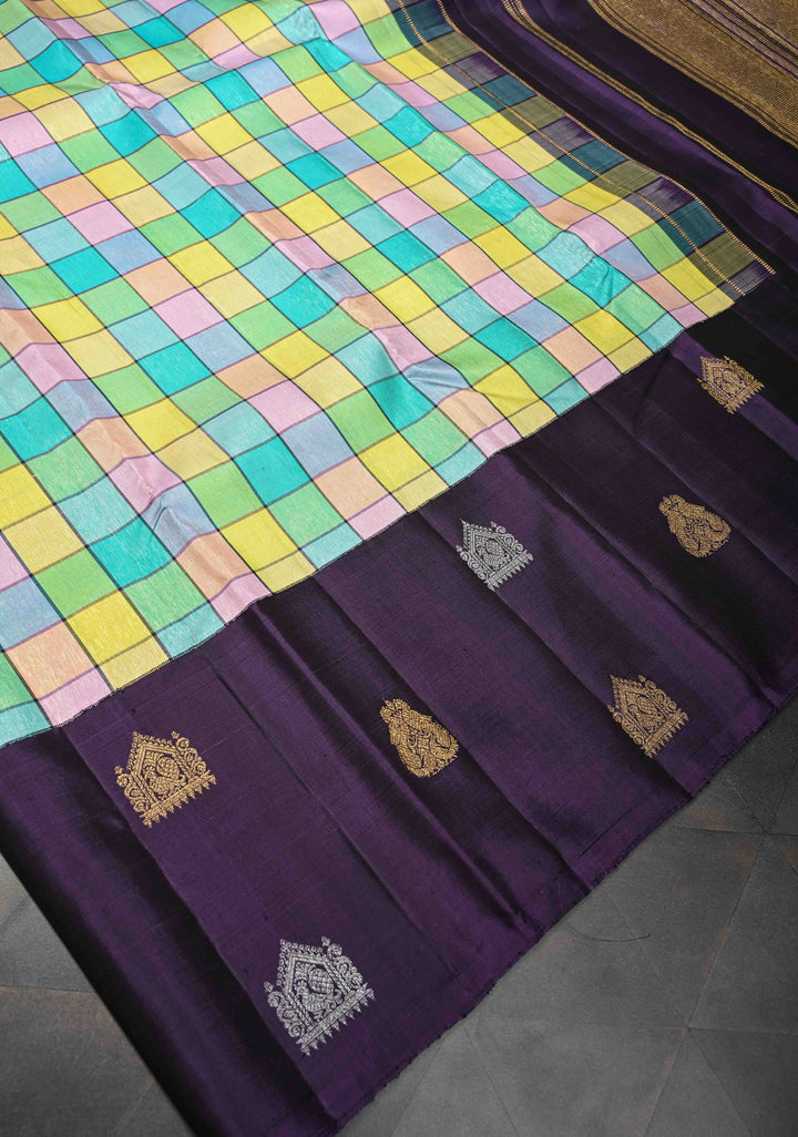 Multicolor Checks Pattern Kanjivaram Silk Saree With Distinct Sona Rupa Motifs on Contrast Border | SILK MARK CERTIFIED
