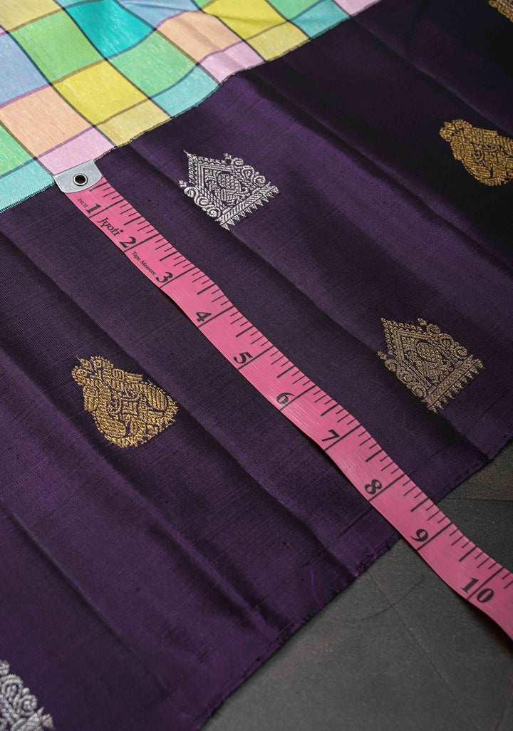 Multicolor Checks Pattern Kanjivaram Silk Saree With Distinct Sona Rupa Motifs on Contrast Border | SILK MARK CERTIFIED