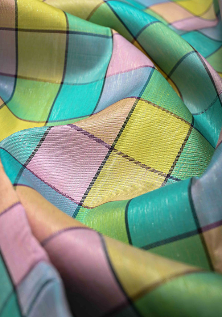 Multicolor Checks Pattern Kanjivaram Silk Saree With Distinct Sona Rupa Motifs on Contrast Border | SILK MARK CERTIFIED
