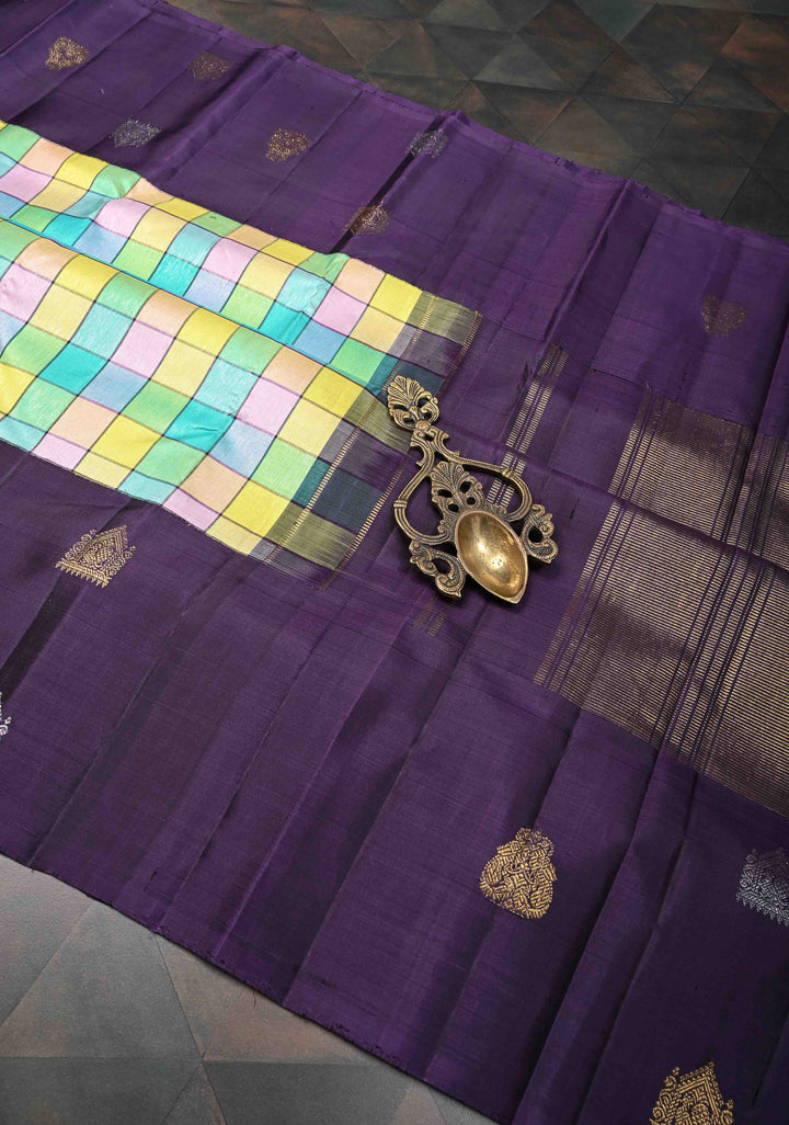 Multicolor Checks Pattern Kanjivaram Silk Saree With Distinct Sona Rupa Motifs on Contrast Border | SILK MARK CERTIFIED