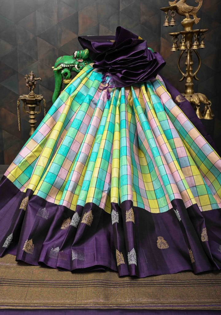 Multicolor Checks Pattern Kanjivaram Silk Saree With Distinct Sona Rupa Motifs on Contrast Border | SILK MARK CERTIFIED