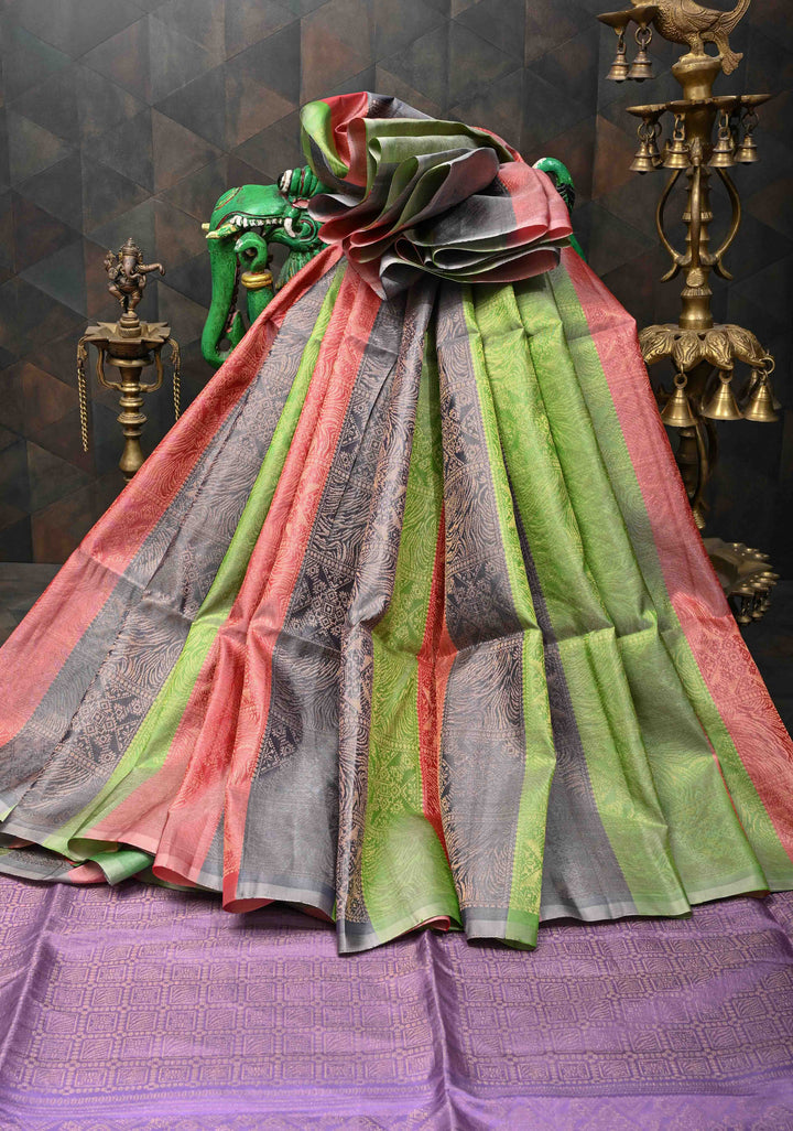 Borderless Brocade Kanjivaram Soft Silk Saree with Pastel Hued Striped Panels with lavender Pallu  | SILK MARK CERTIFIED