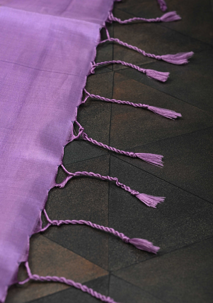 Borderless Brocade Kanjivaram Soft Silk Saree with Pastel Hued Striped Panels with lavender Pallu  | SILK MARK CERTIFIED