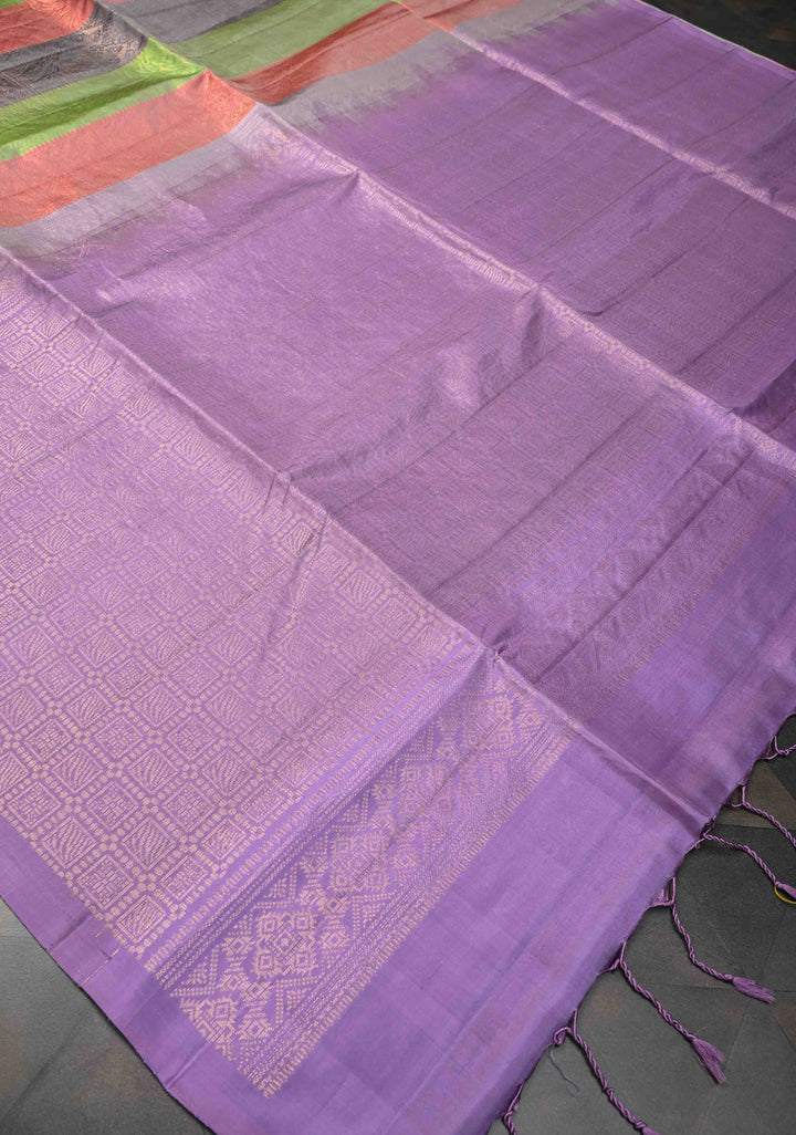 Borderless Brocade Kanjivaram Soft Silk Saree with Pastel Hued Striped Panels with lavender Pallu  | SILK MARK CERTIFIED