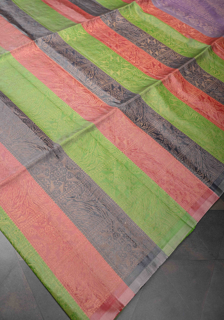 Borderless Brocade Kanjivaram Soft Silk Saree with Pastel Hued Striped Panels with lavender Pallu  | SILK MARK CERTIFIED