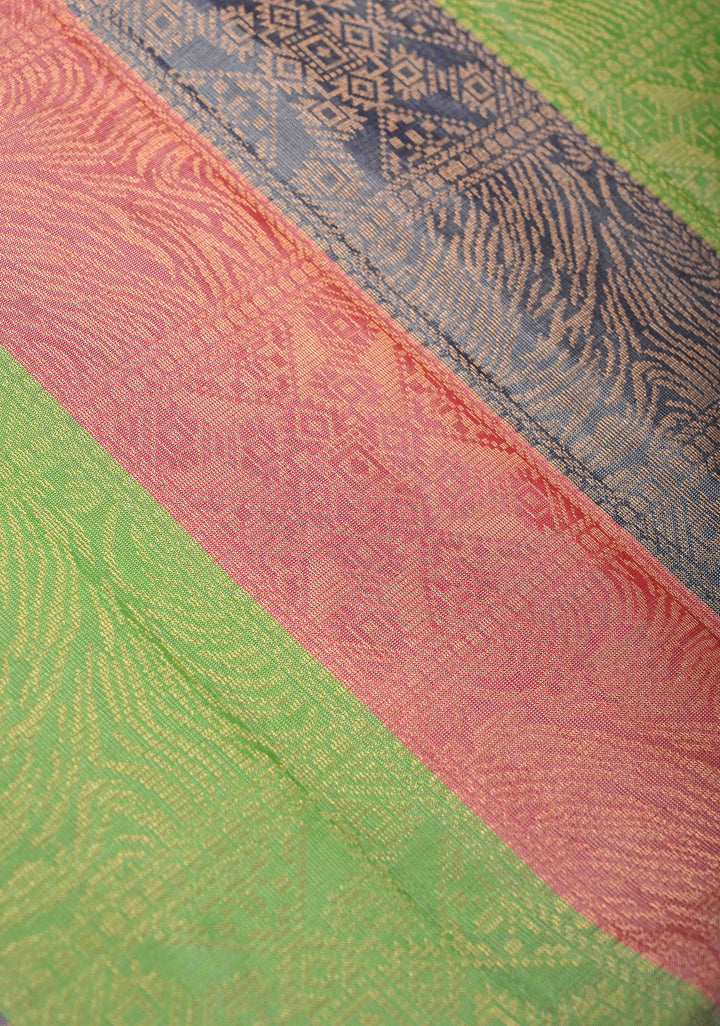 Borderless Brocade Kanjivaram Soft Silk Saree with Pastel Hued Striped Panels with lavender Pallu  | SILK MARK CERTIFIED