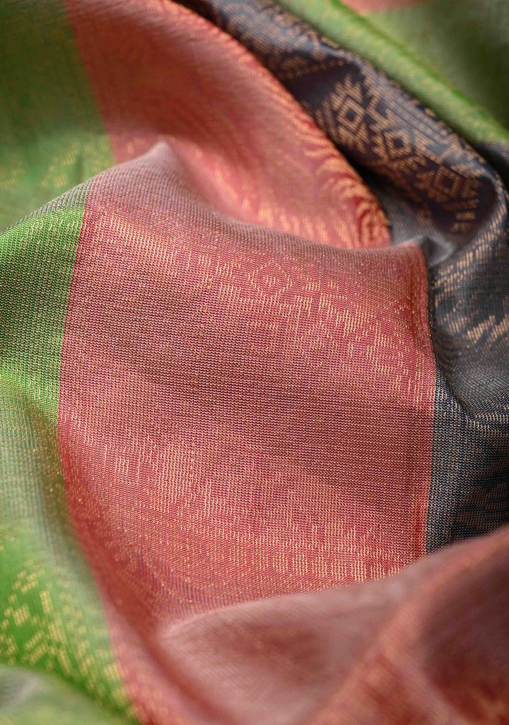 Borderless Brocade Kanjivaram Soft Silk Saree with Pastel Hued Striped Panels with lavender Pallu  | SILK MARK CERTIFIED