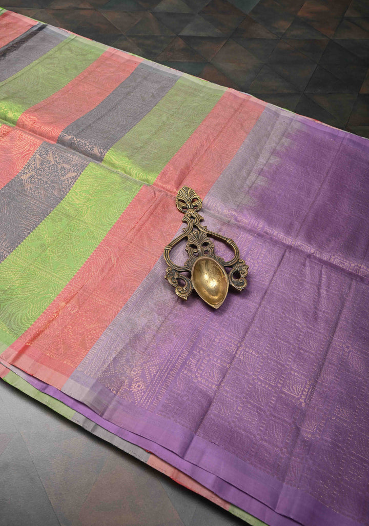 Borderless Brocade Kanjivaram Soft Silk Saree with Pastel Hued Striped Panels with lavender Pallu  | SILK MARK CERTIFIED