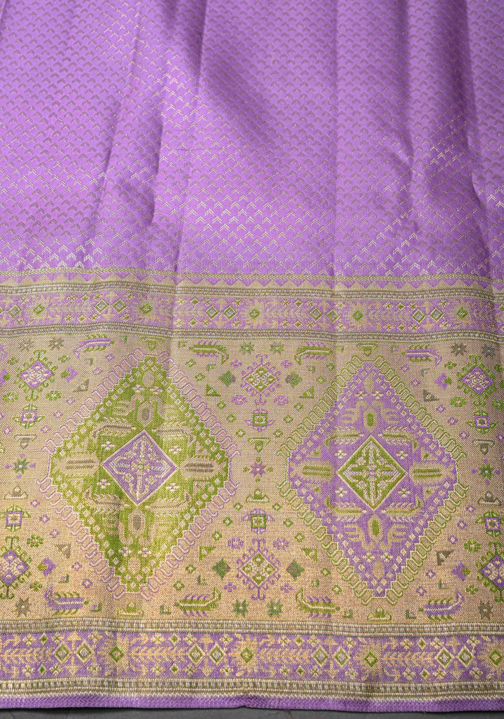 Lilac Kanjivaram Geometric Brocade Pure Silk Saree with Meenakari Border  | SILK MARK CERTIFIED