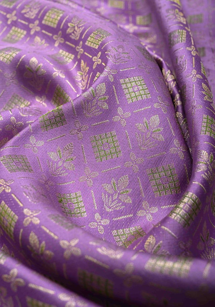 Lilac Kanjivaram Geometric Brocade Pure Silk Saree with Meenakari Border  | SILK MARK CERTIFIED