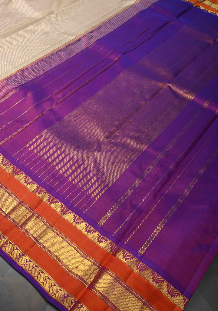 Beige Pure Kanjivaram Silk Saree with Gingham Checks and Zari Border | SILK MARK CERTIFIED