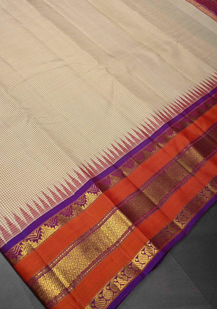 Beige Pure Kanjivaram Silk Saree with Gingham Checks and Zari Border | SILK MARK CERTIFIED