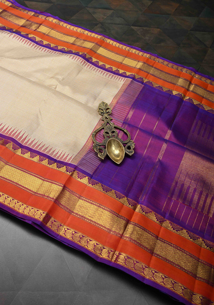 Beige Pure Kanjivaram Silk Saree with Gingham Checks and Zari Border | SILK MARK CERTIFIED