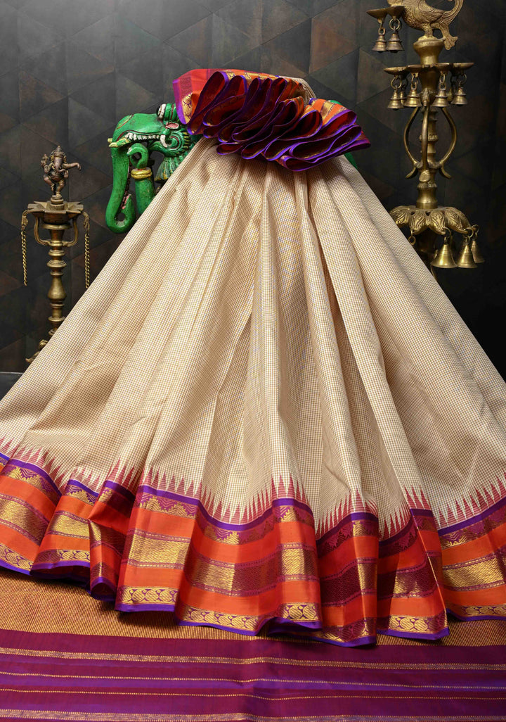 Beige Pure Kanjivaram Silk Saree with Gingham Checks and Zari Border | SILK MARK CERTIFIED