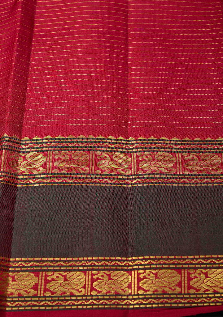 Red Kanjivaram Silk Saree with Zari Checks Pattern and Rettaipet Border | SILK MARK CERTIFIED