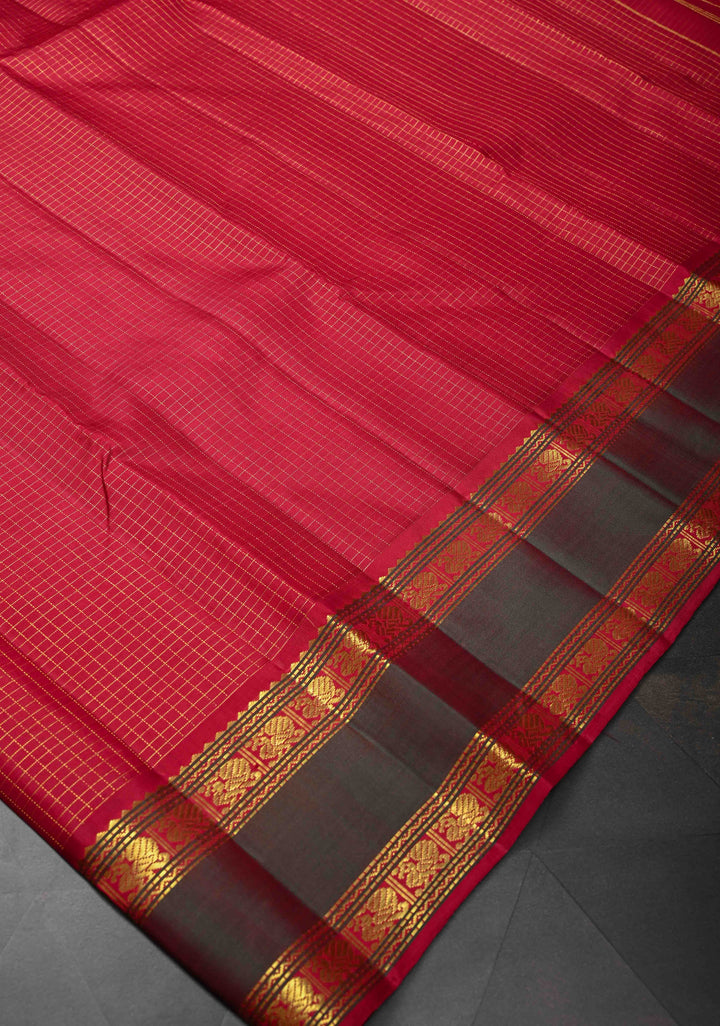 Red Kanjivaram Silk Saree with Zari Checks Pattern and Rettaipet Border | SILK MARK CERTIFIED
