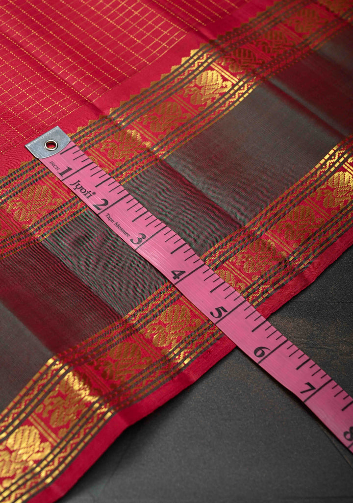Red Kanjivaram Silk Saree with Zari Checks Pattern and Rettaipet Border | SILK MARK CERTIFIED