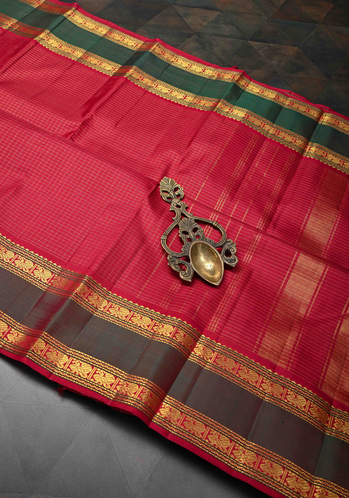 Red Kanjivaram Silk Saree with Zari Checks Pattern and Rettaipet Border | SILK MARK CERTIFIED