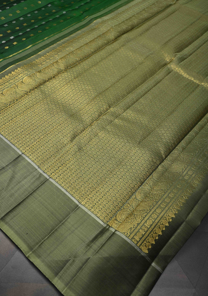 Bottle Green Kanjivaram Pure Silk Saree with Gold-Silver Buttas Brocade and Border | SILK MARK CERTIFIED