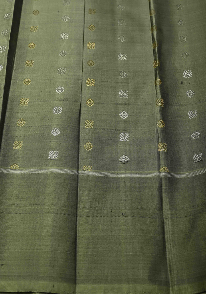 Bottle Green Kanjivaram Pure Silk Saree with Gold-Silver Buttas Brocade and Border | SILK MARK CERTIFIED