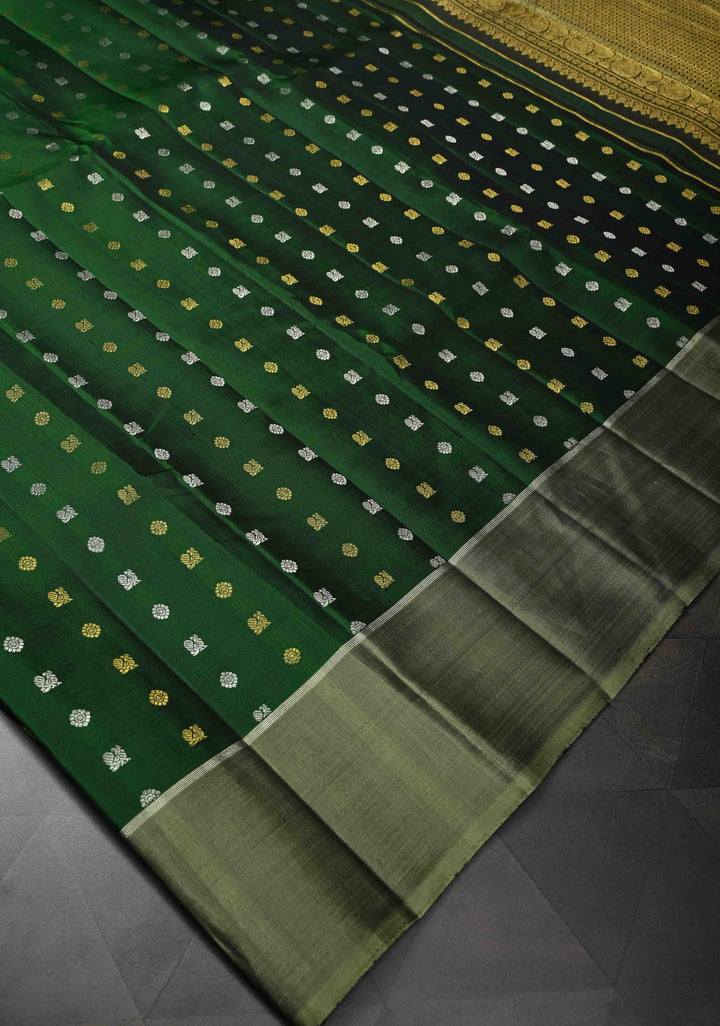 Bottle Green Kanjivaram Pure Silk Saree with Gold-Silver Buttas Brocade and Border | SILK MARK CERTIFIED