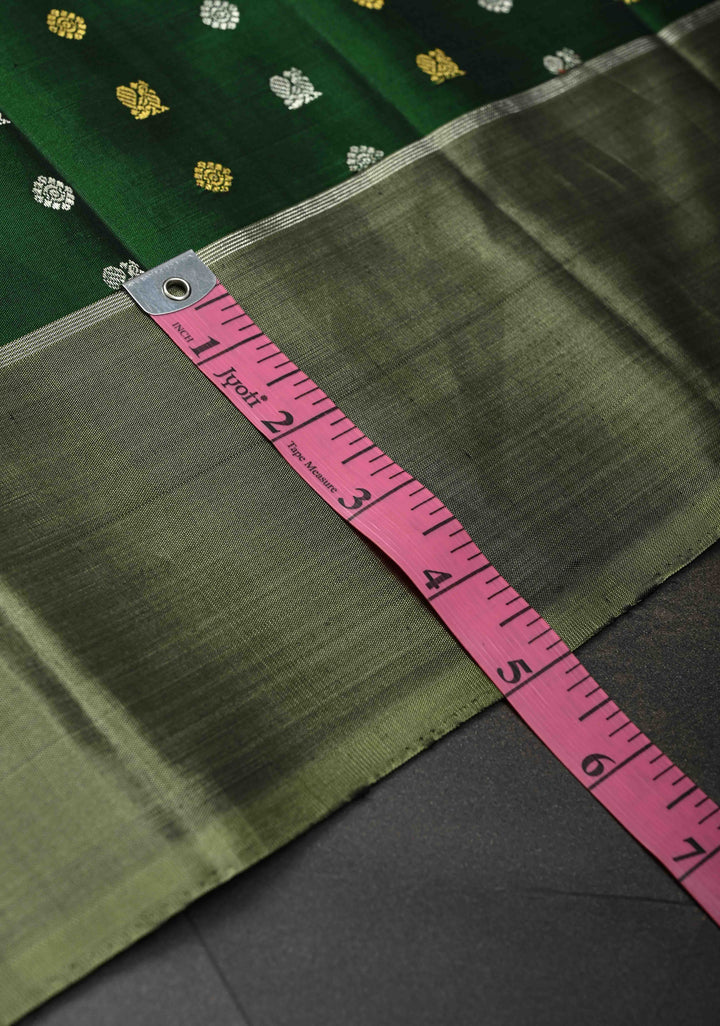 Bottle Green Kanjivaram Pure Silk Saree with Gold-Silver Buttas Brocade and Border | SILK MARK CERTIFIED