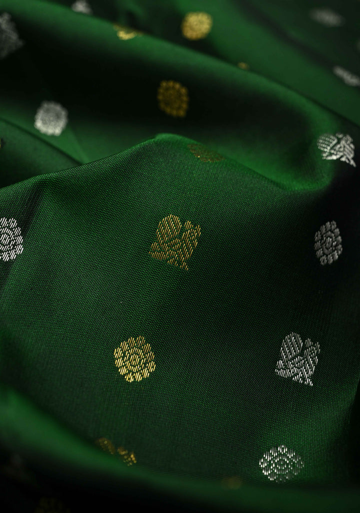 Bottle Green Kanjivaram Pure Silk Saree with Gold-Silver Buttas Brocade and Border | SILK MARK CERTIFIED