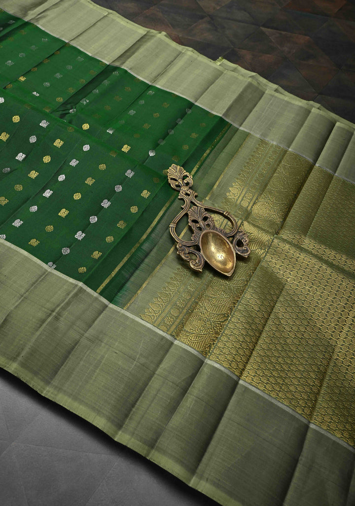 Bottle Green Kanjivaram Pure Silk Saree with Gold-Silver Buttas Brocade and Border | SILK MARK CERTIFIED