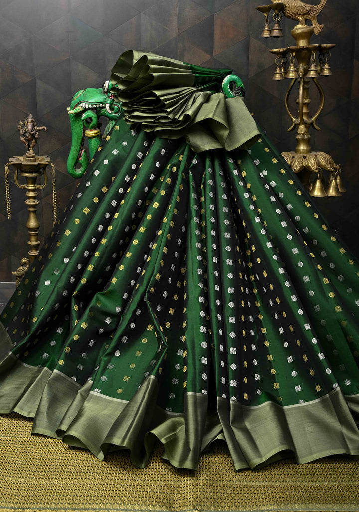 Bottle Green Kanjivaram Pure Silk Saree with Gold-Silver Buttas Brocade and Border | SILK MARK CERTIFIED