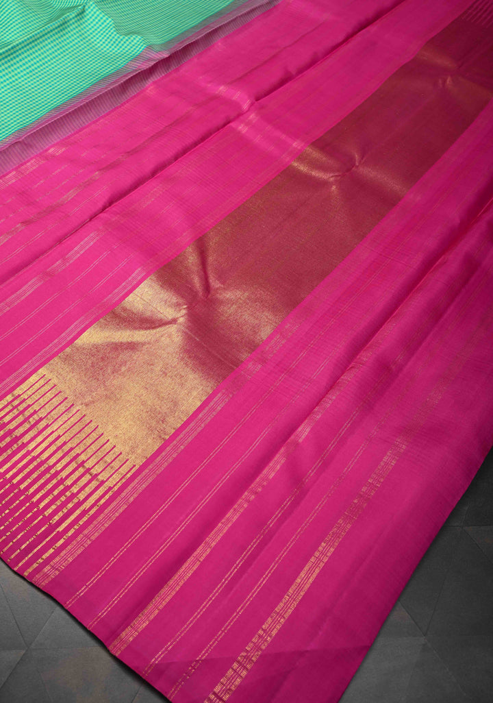 Sea Green Gingham Checks Kanjivaram Pure Silk Saree with One Side Wide Temple Border on Rani Pink | SILK MARK CERTIFIED
