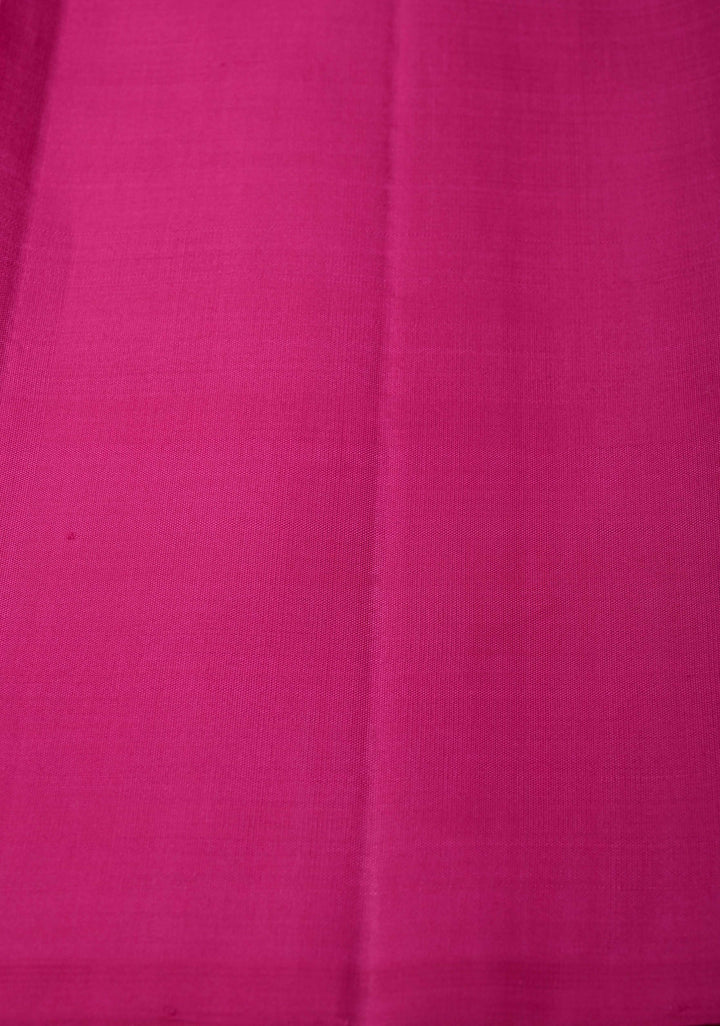 Sea Green Gingham Checks Kanjivaram Pure Silk Saree with One Side Wide Temple Border on Rani Pink | SILK MARK CERTIFIED