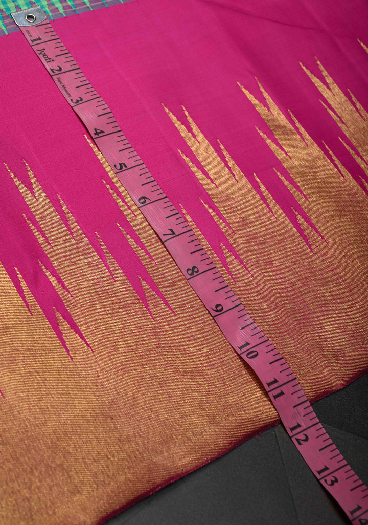 Sea Green Gingham Checks Kanjivaram Pure Silk Saree with One Side Wide Temple Border on Rani Pink | SILK MARK CERTIFIED