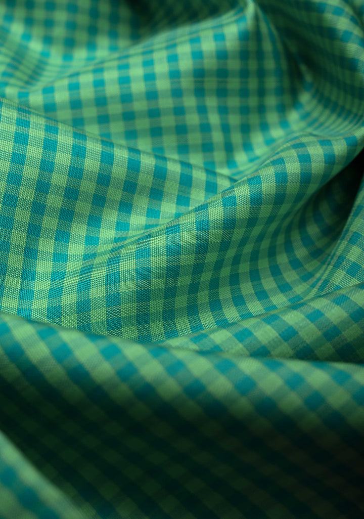 Sea Green Gingham Checks Kanjivaram Pure Silk Saree with One Side Wide Temple Border on Rani Pink | SILK MARK CERTIFIED