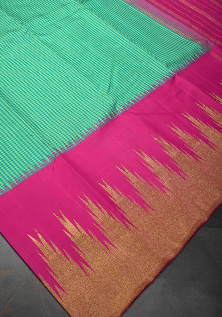 Sea Green Gingham Checks Kanjivaram Pure Silk Saree with One Side Wide Temple Border on Rani Pink | SILK MARK CERTIFIED