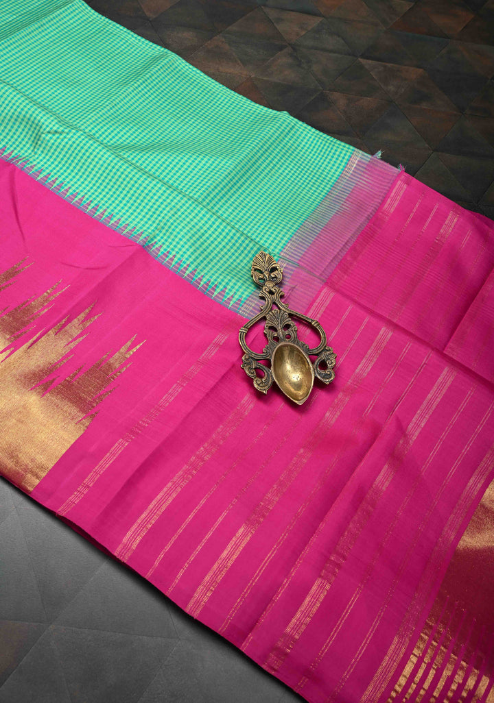 Sea Green Gingham Checks Kanjivaram Pure Silk Saree with One Side Wide Temple Border on Rani Pink | SILK MARK CERTIFIED