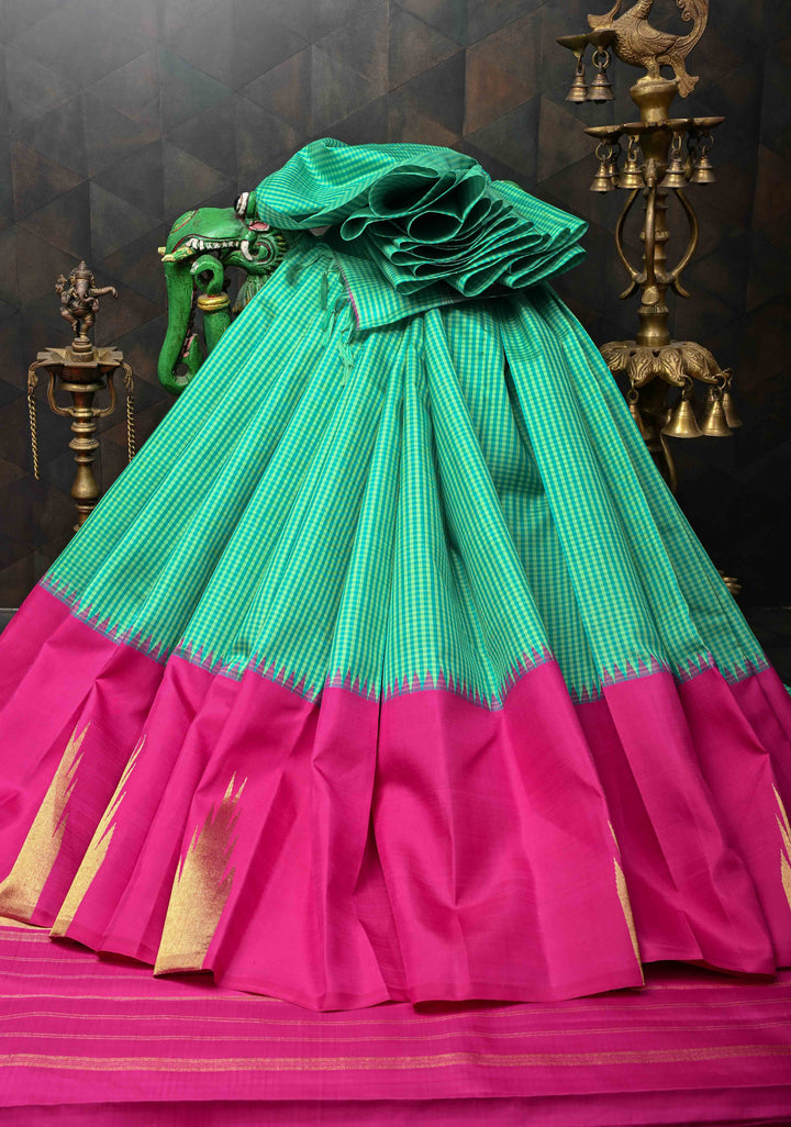 Sea Green Gingham Checks Kanjivaram Pure Silk Saree with One Side Wide Temple Border on Rani Pink | SILK MARK CERTIFIED