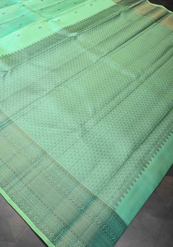 Sea Green kanjivaram Silk Saree with trendy antique black zari buttas and Zari borders | SILK MARK CERTIFIED