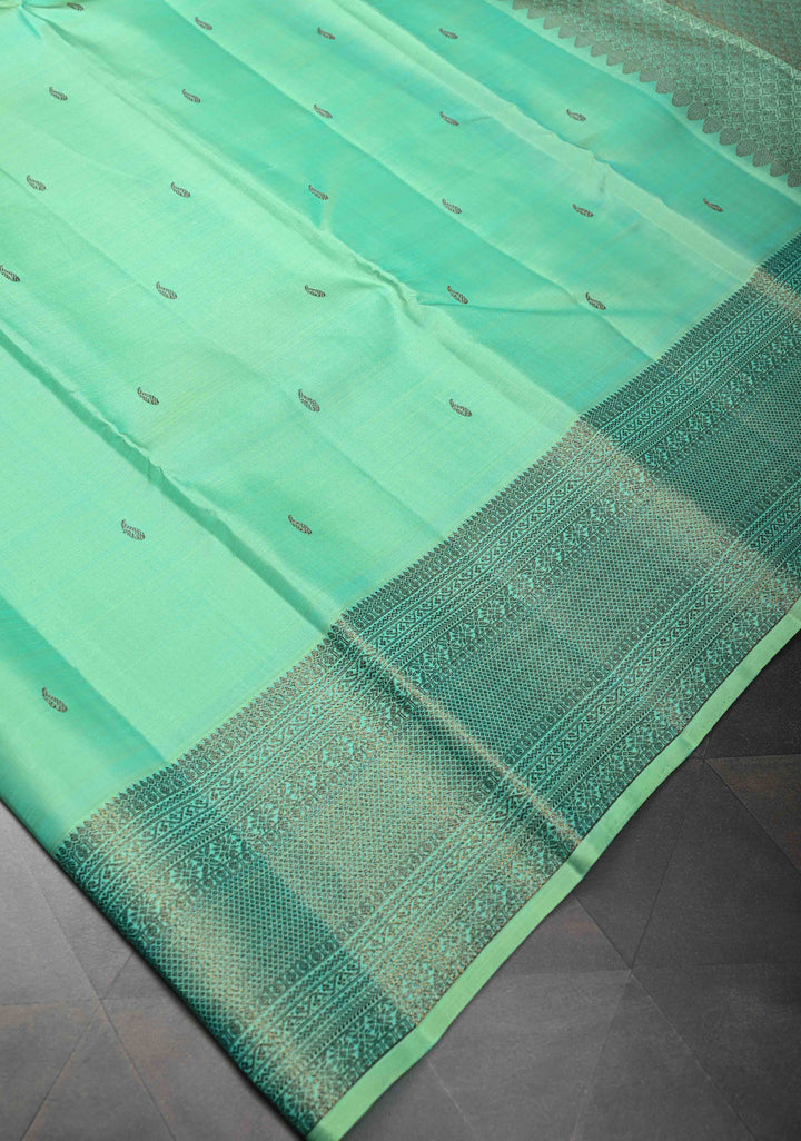 Sea Green kanjivaram Silk Saree with trendy antique black zari buttas and Zari borders | SILK MARK CERTIFIED