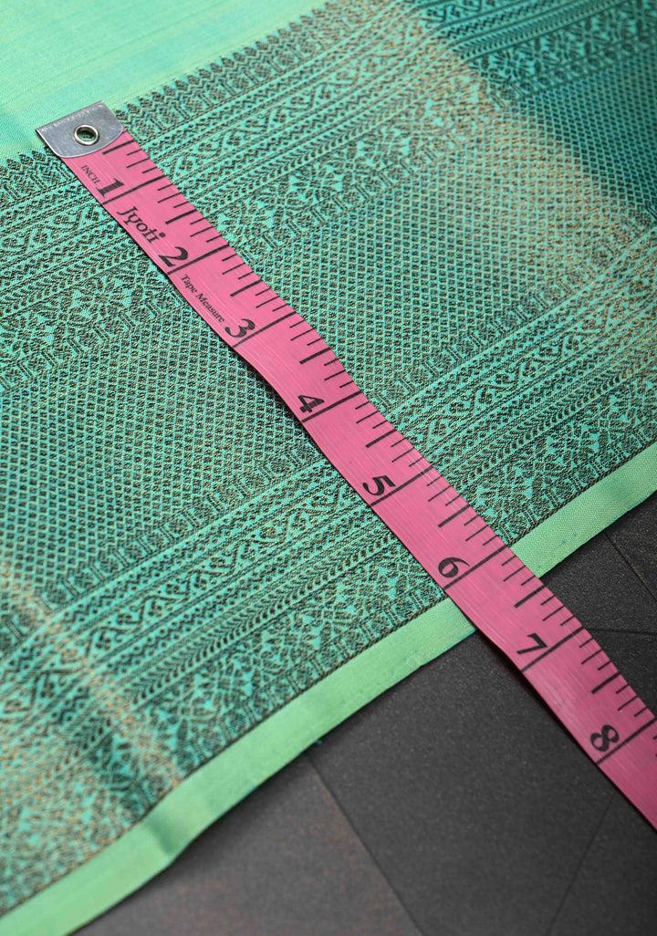 Sea Green kanjivaram Silk Saree with trendy antique black zari buttas and Zari borders | SILK MARK CERTIFIED