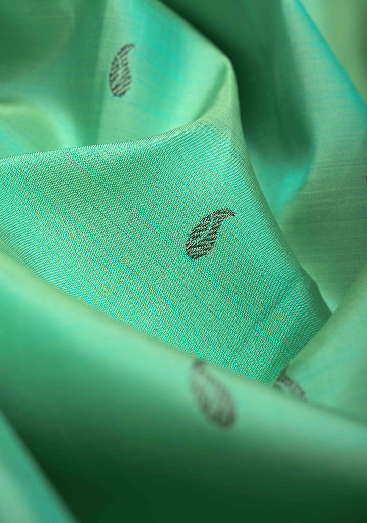Sea Green kanjivaram Silk Saree with trendy antique black zari buttas and Zari borders | SILK MARK CERTIFIED