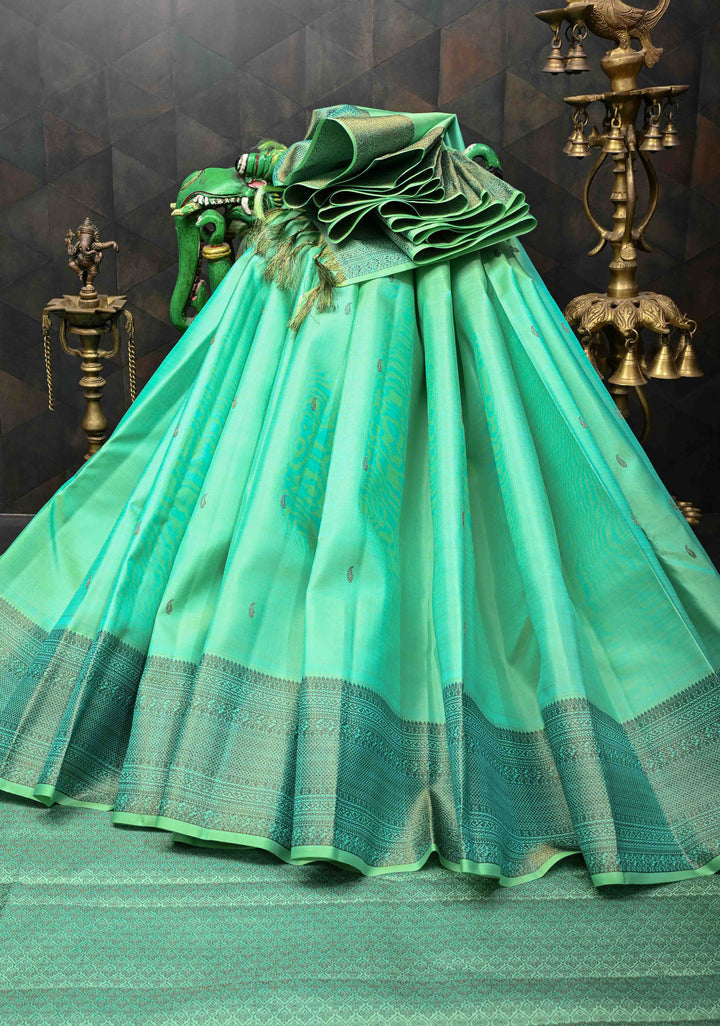 Sea Green kanjivaram Silk Saree with trendy antique black zari buttas and Zari borders | SILK MARK CERTIFIED