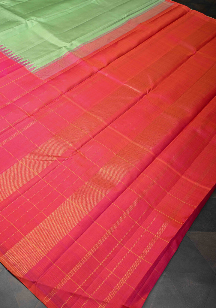 Dusty Pista Green Kanjivaram Silk Saree with Checks Pattern and Distinct Motifs on Contrast Wide 17" Temple Border | SILK MARK CERTIFIED