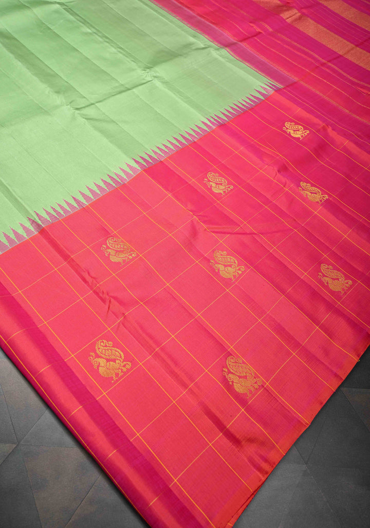 Dusty Pista Green Kanjivaram Silk Saree with Checks Pattern and Distinct Motifs on Contrast Wide 17" Temple Border | SILK MARK CERTIFIED