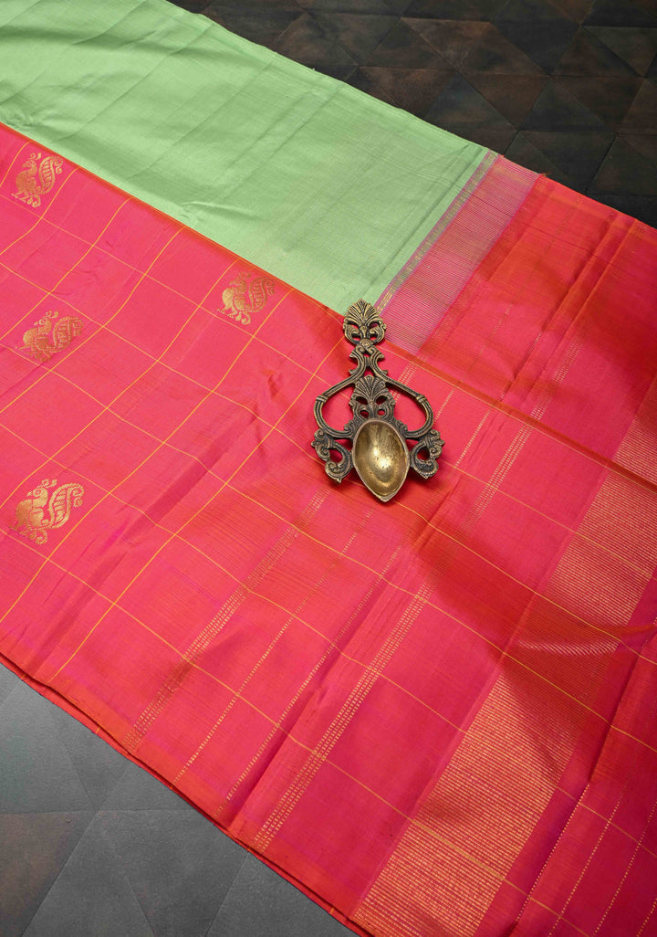 Dusty Pista Green Kanjivaram Silk Saree with Checks Pattern and Distinct Motifs on Contrast Wide 17" Temple Border | SILK MARK CERTIFIED