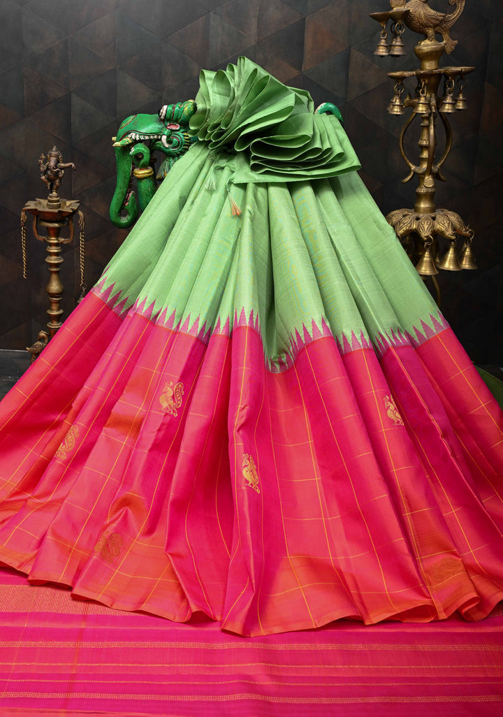 Dusty Pista Green Kanjivaram Silk Saree with Checks Pattern and Distinct Motifs on Contrast Wide 17" Temple Border | SILK MARK CERTIFIED