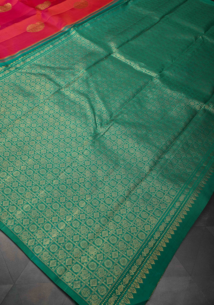 Borderless Pink Dual tone Kanjivaram Pure Silk Saree with Vertical Stripes and Paisley Buttas | SILK MARK CERTIFIED